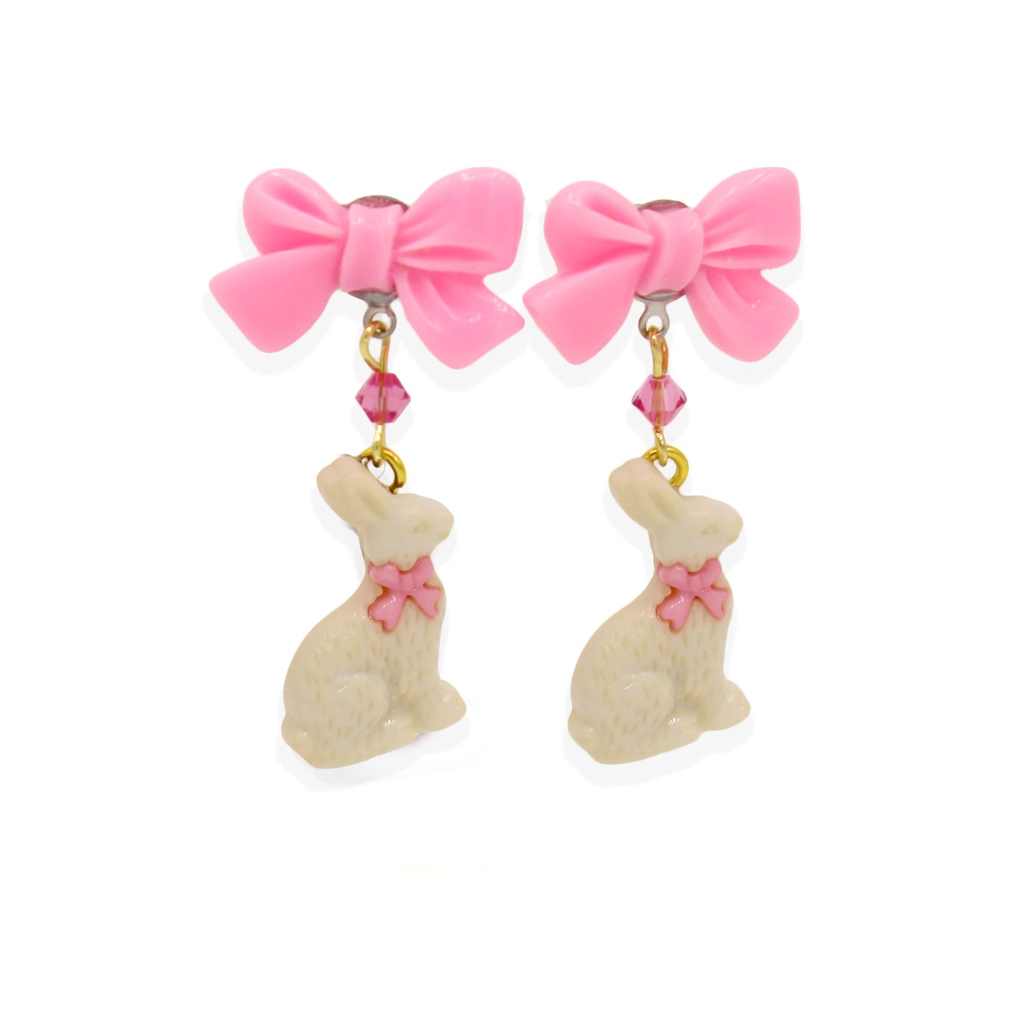 Chocolate Bunny Easter Drop Earrings, Pink Bow, Handmade in Resin & Stainless Steel Fatally Feminine