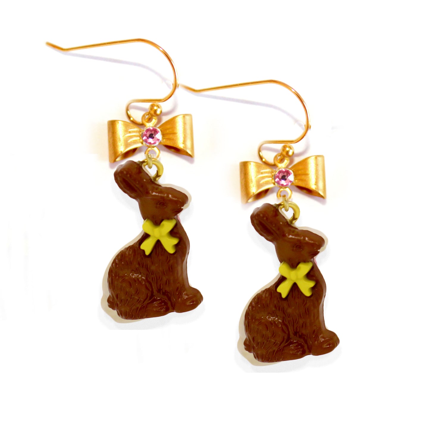 Chocolate Bunny Easter Dangle Earrings, Bow Charm, Handmade in Resin by Fatally Feminine