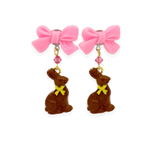 Chocolate Bunny Easter Drop Earrings, Pink Bow, Handmade in Resin & Stainless Steel Fatally Feminine