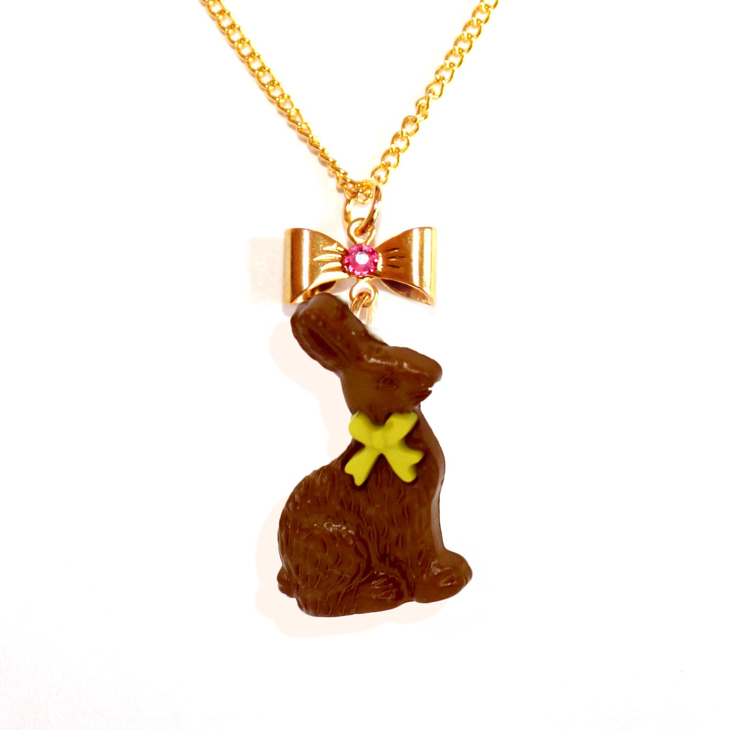 Chocolate Bunny Easter Pendant Necklace, 18" gold or silver Chain, Handmade resin charm