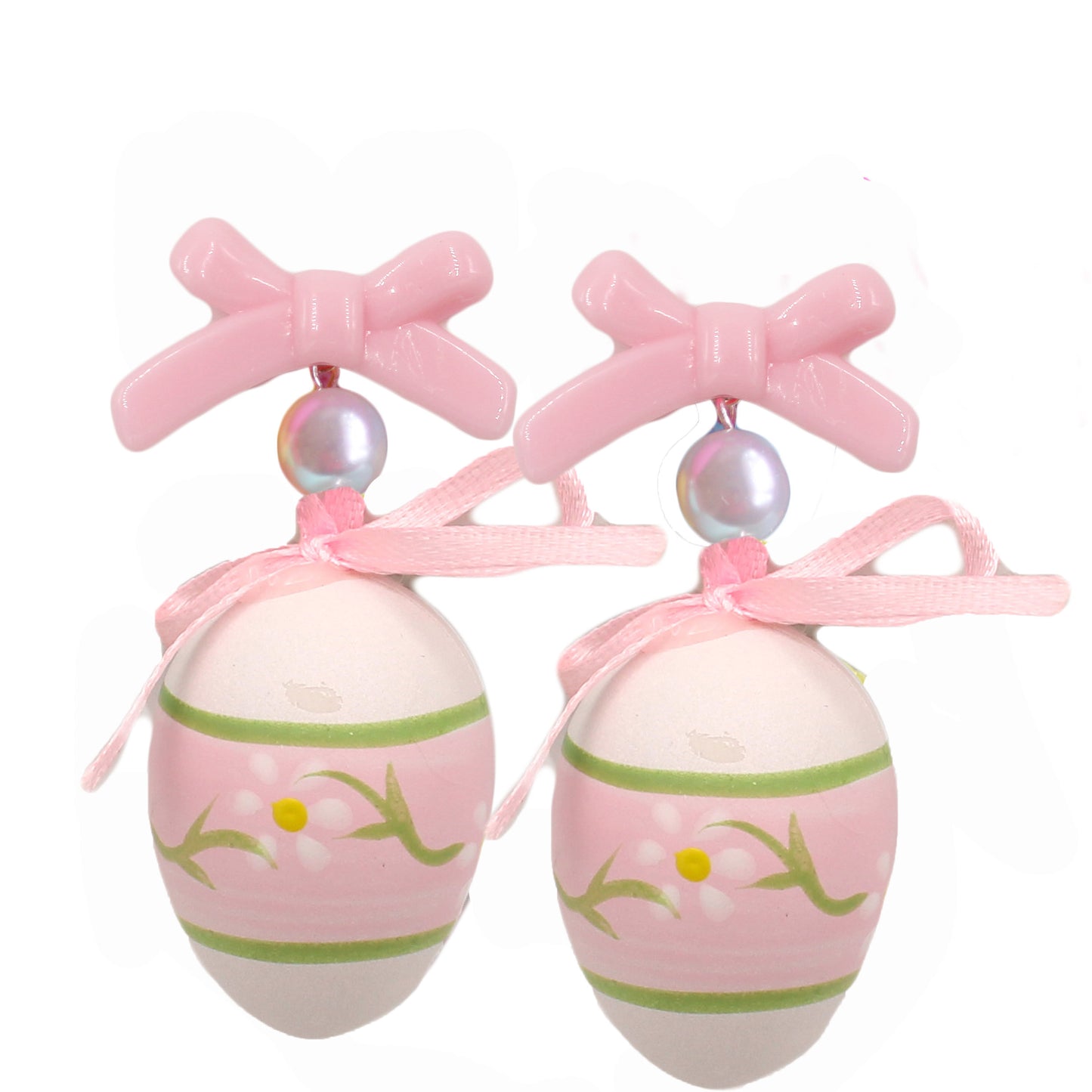 Easter Egg Statement Drop Earrings Pink Pastel Daisies with Bows Handmade with Hypoallergenic Steel