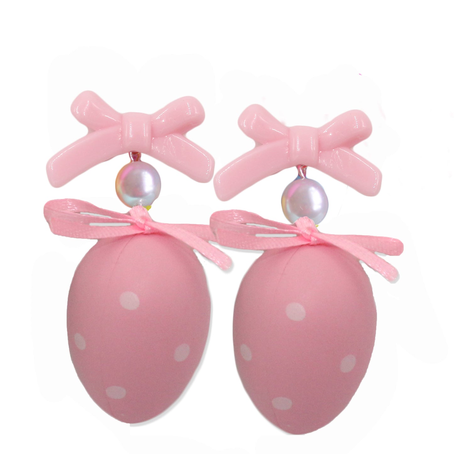 Easter Egg Statement Drop Earrings, Pastel Pink Polka Dot with Bows, Handmade with Hypoallergenic Steel