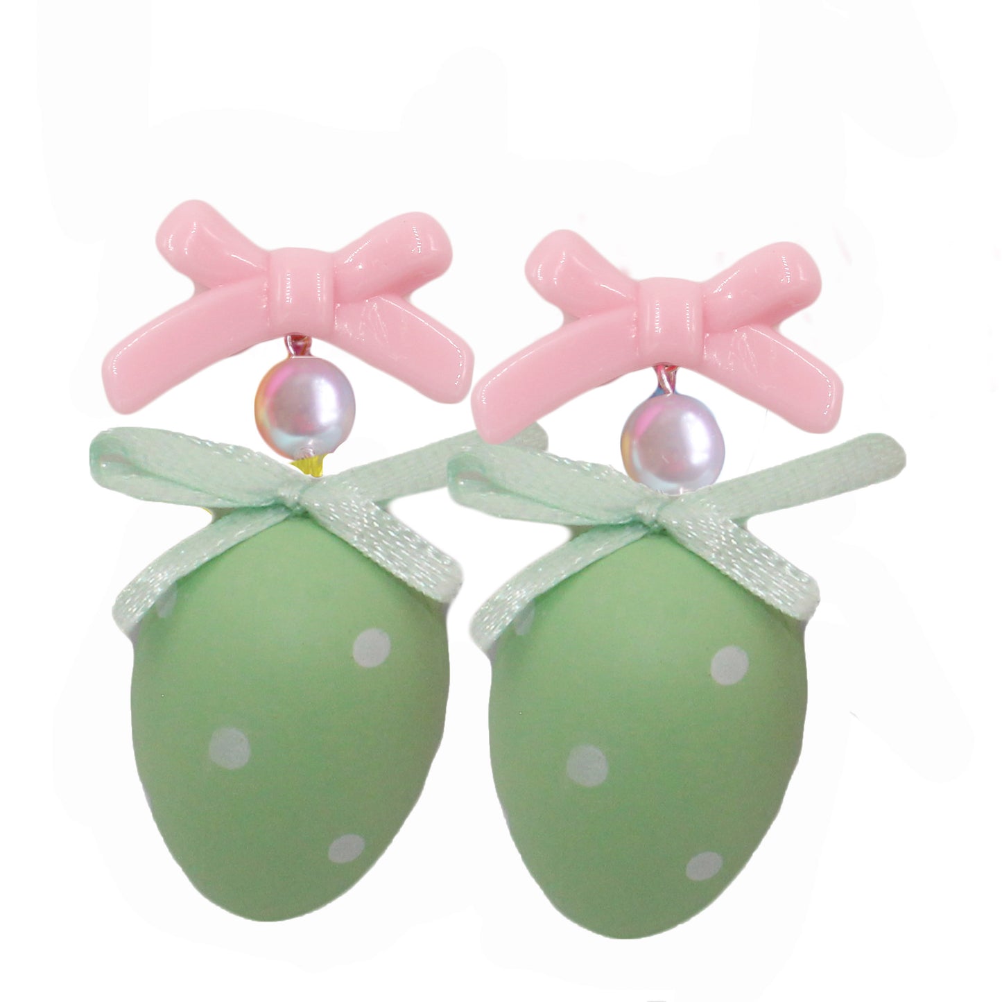 Easter Egg Statement Drop Earrings, Green Polka dot with Pink Bows, Handmade with Hypoallergenic Steel