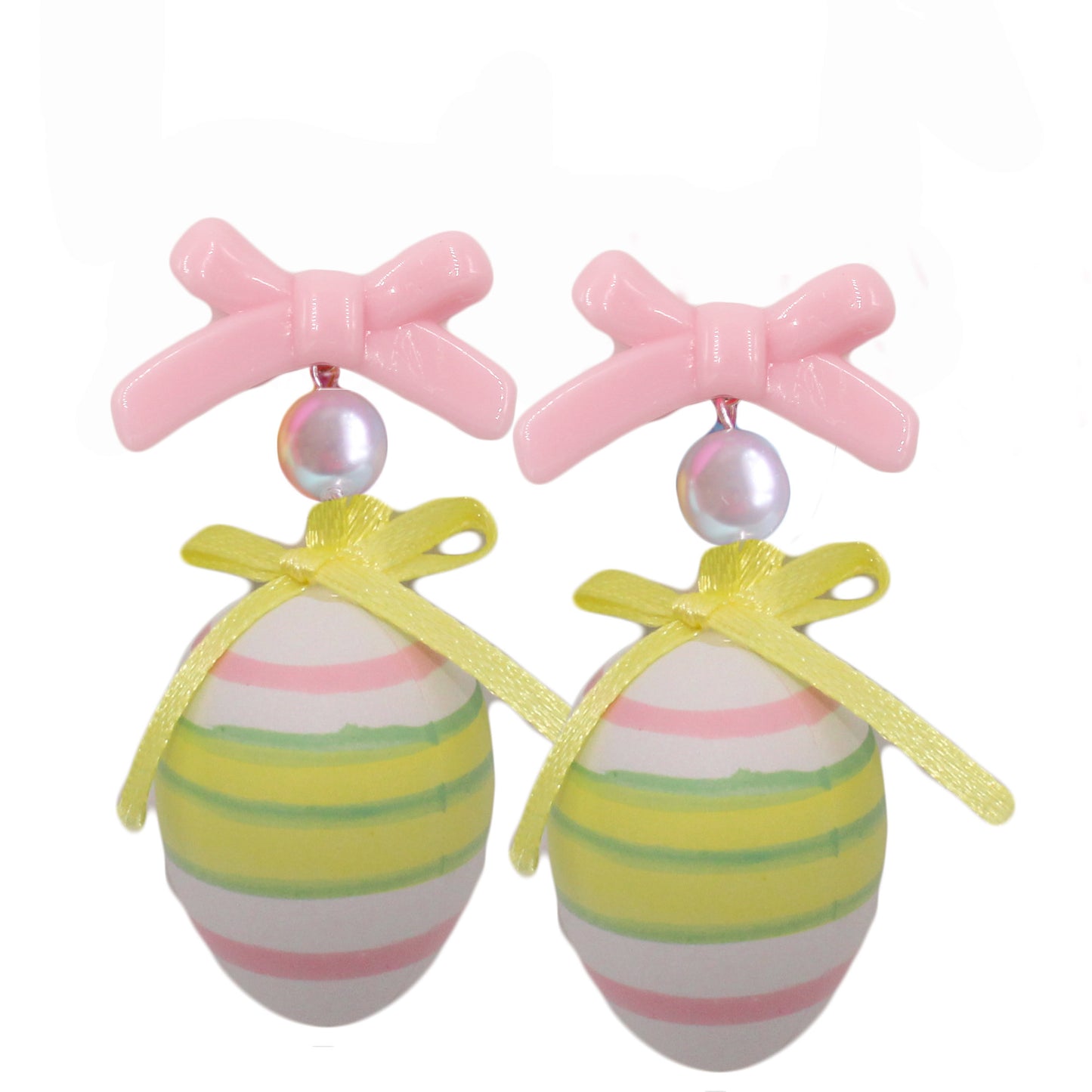 Easter Egg Statement Drop Earrings, Yellow Green Stripe with Pink Bows, Handmade with Hypoallergenic Steel