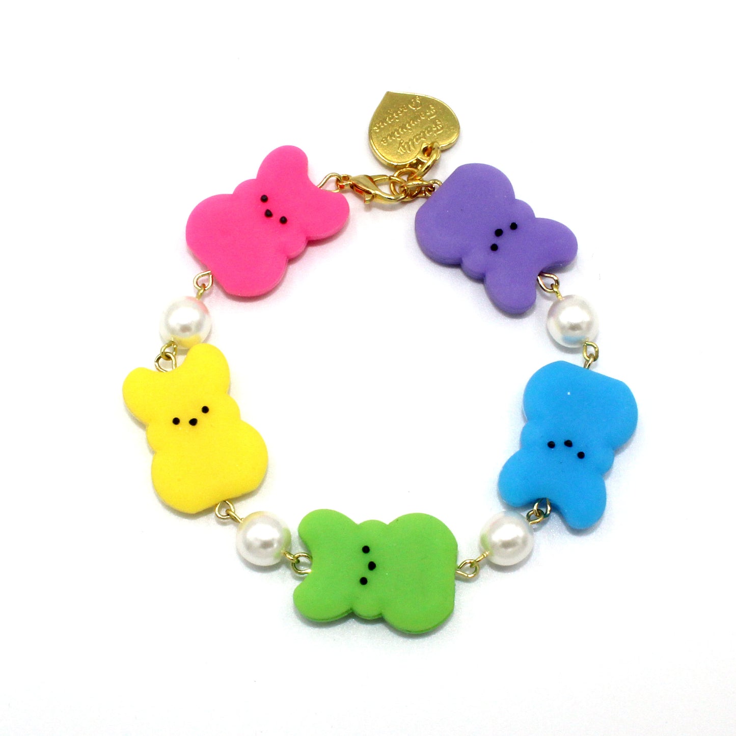 Rainbow Marshmallow Bunny Easter Charm Bracelet, non fade gold finish stainless steel, Handmade Whimsical Jewelry for Women