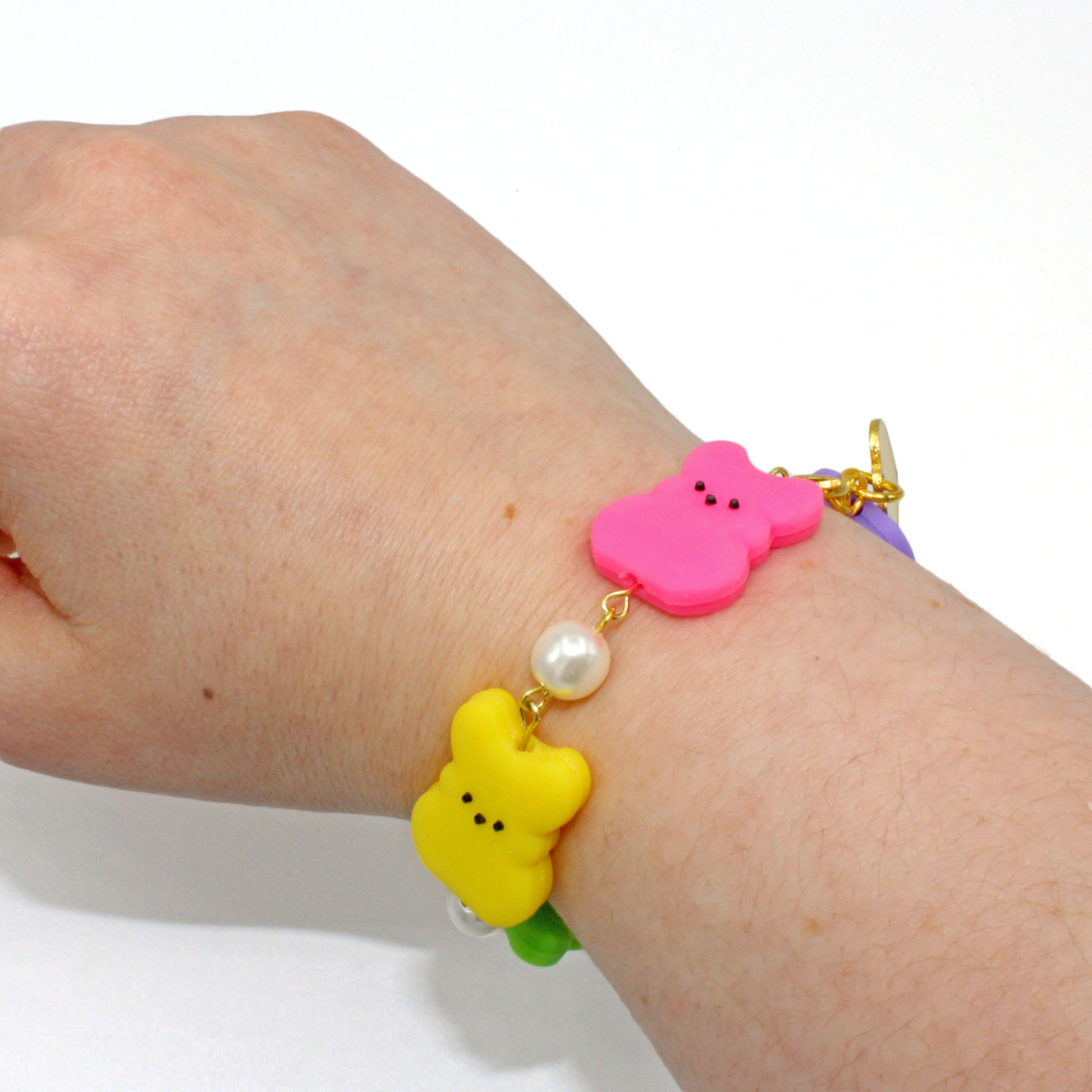 Rainbow Marshmallow Bunny Easter Charm Bracelet, non fade gold finish stainless steel, Handmade Whimsical Jewelry for Women