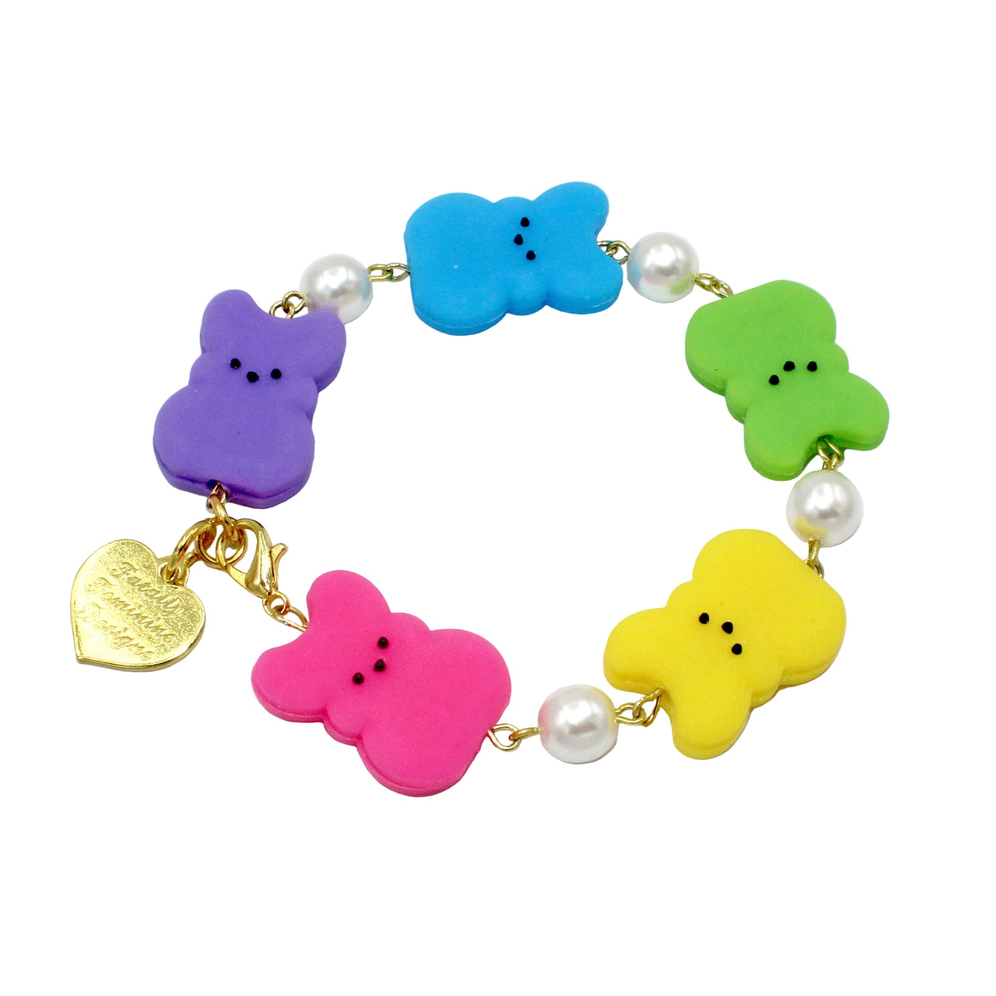 Rainbow Marshmallow Bunny Easter Charm Bracelet, non fade gold finish stainless steel, Handmade Whimsical Jewelry for Women