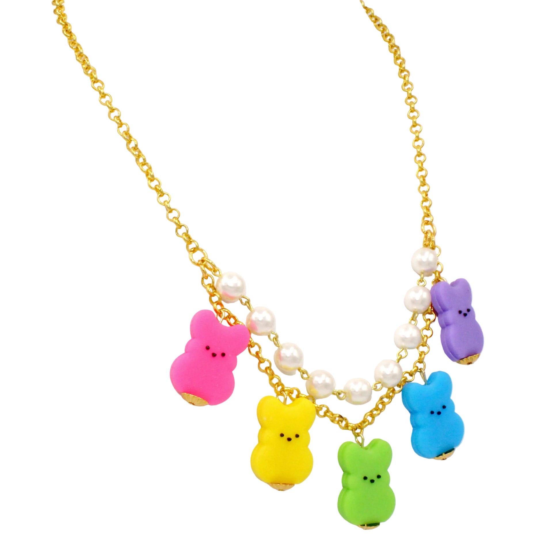 Rainbow Marshmallow Bunny Easter Charm Necklace, Handmade Statement Jewelry in non fade stainless steel