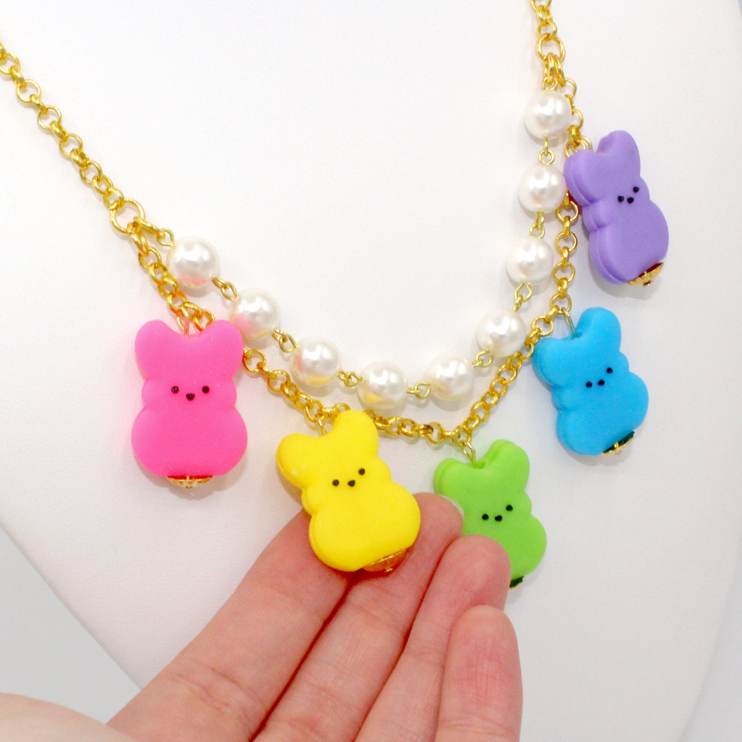 Rainbow Marshmallow Bunny Statement Necklace, Gold or Silver Finish, Handmade by Fatally Feminine