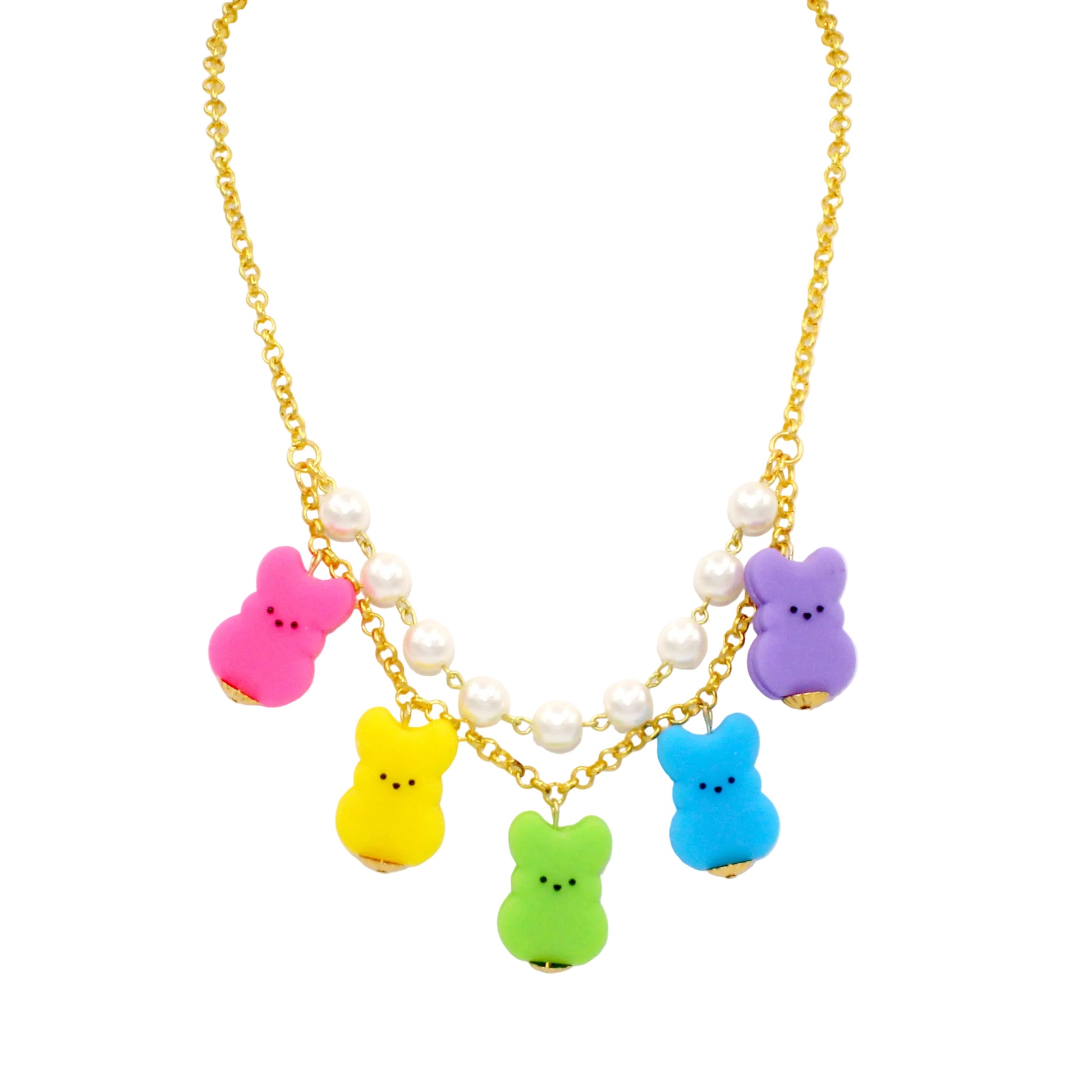 Rainbow Marshmallow Bunny Easter Charm Necklace, Handmade Statement Jewelry in non fade stainless steel