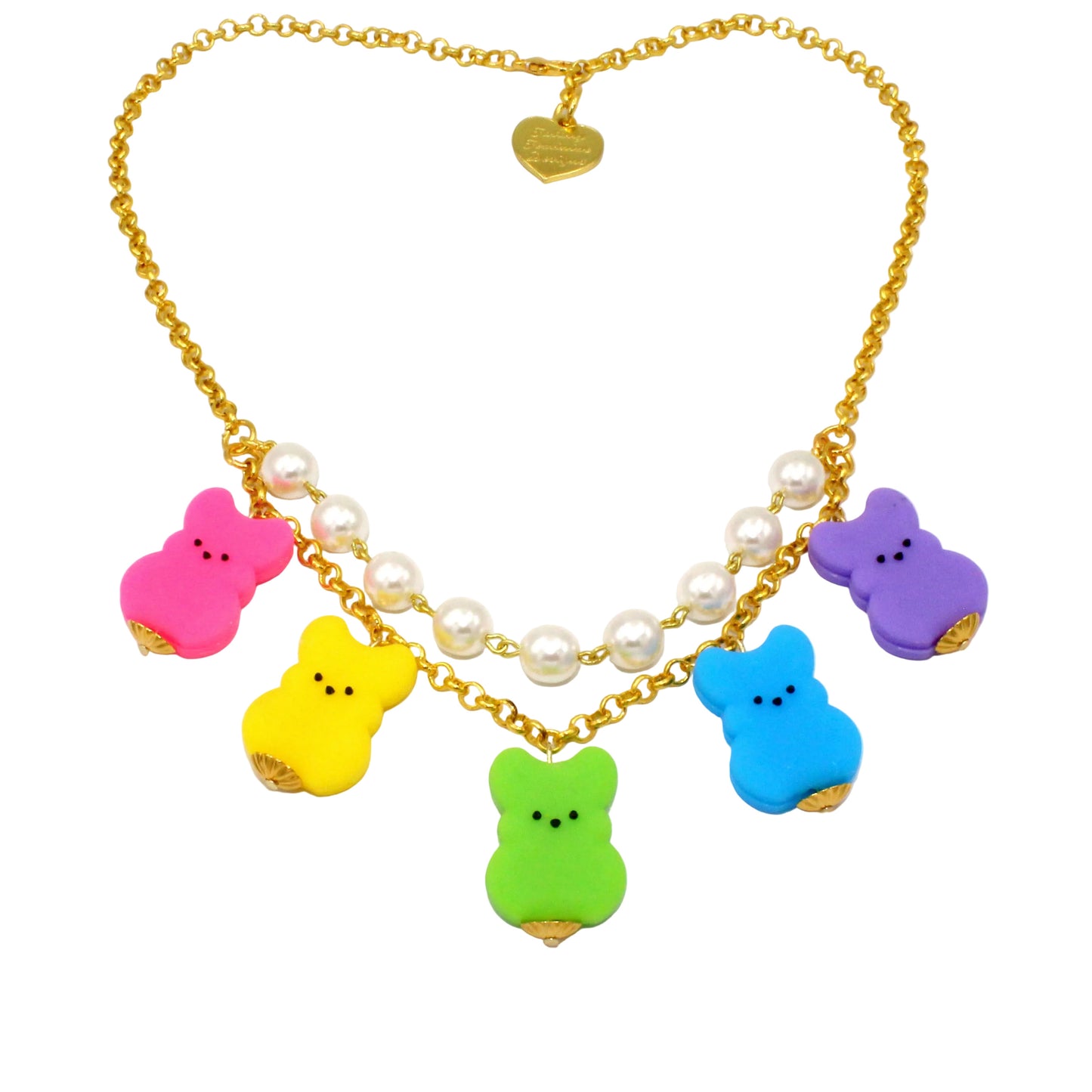 Rainbow Marshmallow Bunny Easter Charm Necklace, Handmade Statement Jewelry in non fade stainless steel