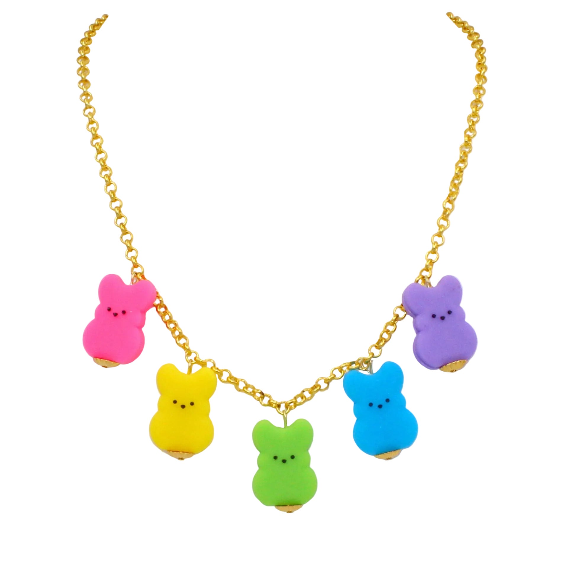 Rainbow Marshmallow Bunny Easter Charm Necklace, Handmade Statement Jewelry in non fade stainless steel