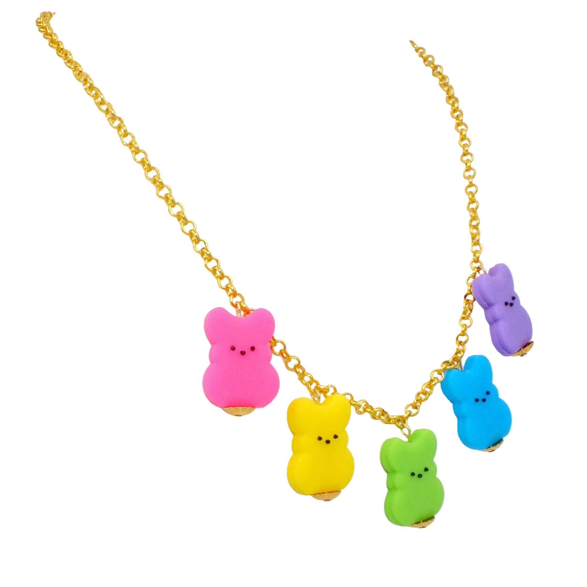 Rainbow Marshmallow Bunny Easter Charm Necklace, Handmade Statement Jewelry in non fade stainless steel
