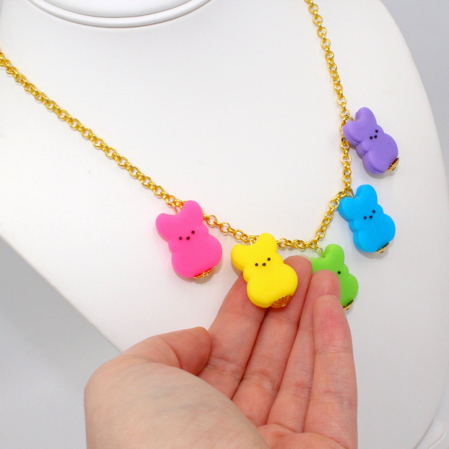Rainbow Marshmallow Bunny Charm Necklace, Gold or Silver Finish, Handmade by Fatally Feminine