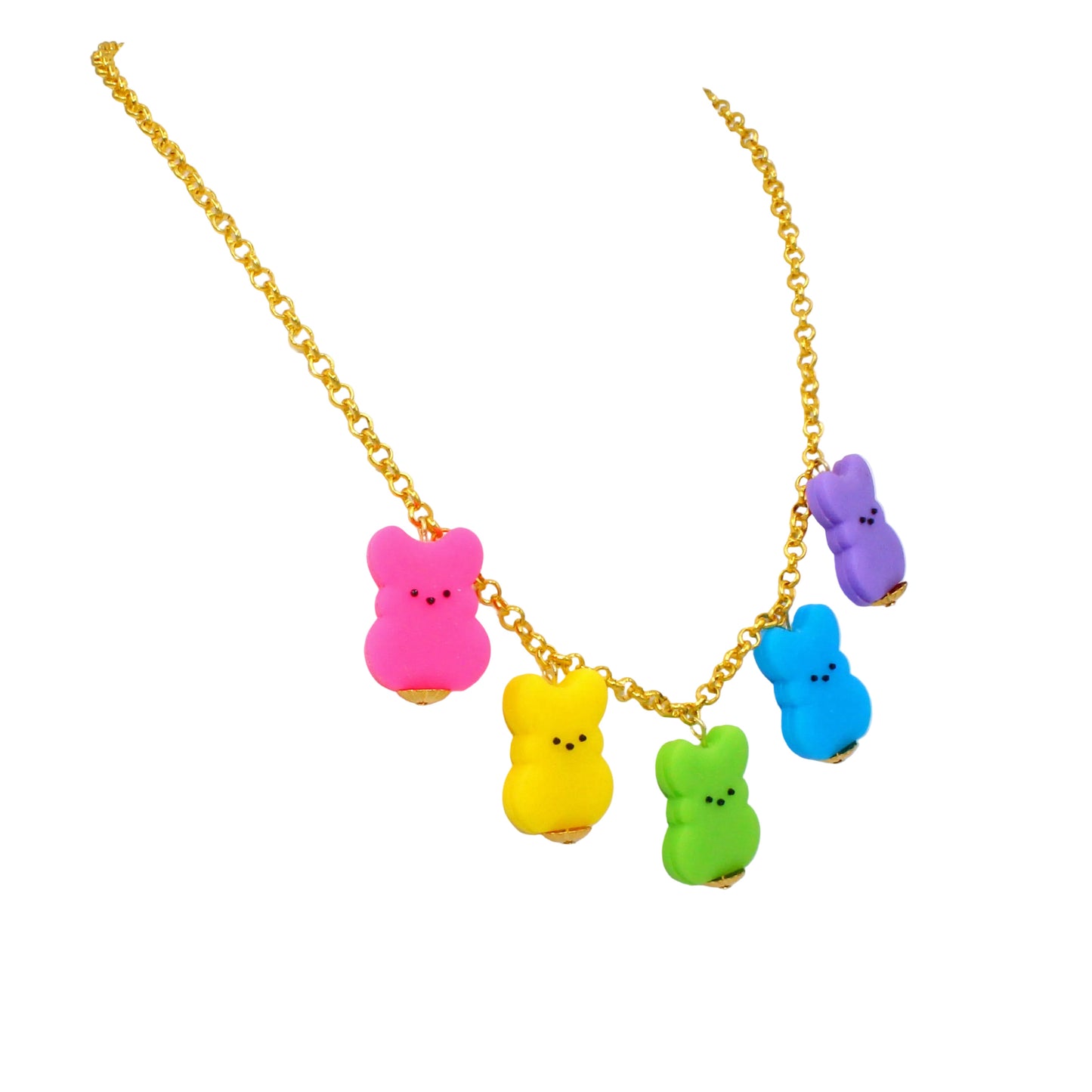 Rainbow Marshmallow Bunny Easter Charm Necklace, Handmade Statement Jewelry in non fade stainless steel