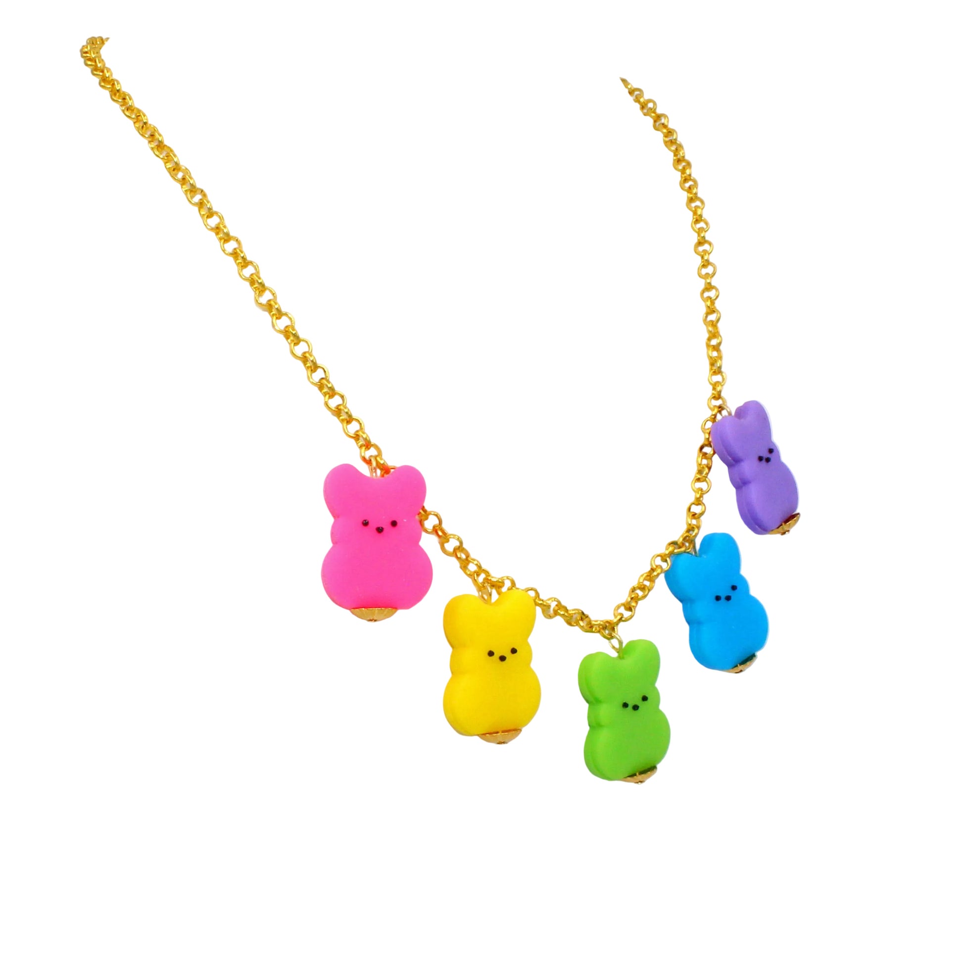 Rainbow Marshmallow Bunny Easter Charm Necklace, Handmade Statement Jewelry in non fade stainless steel