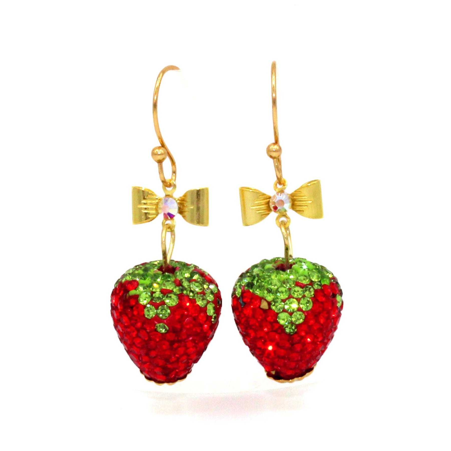 Rhinestone Sparkle Puff Strawberry Drop Earrings, Gold Finish with Bows, Handmade in the USA