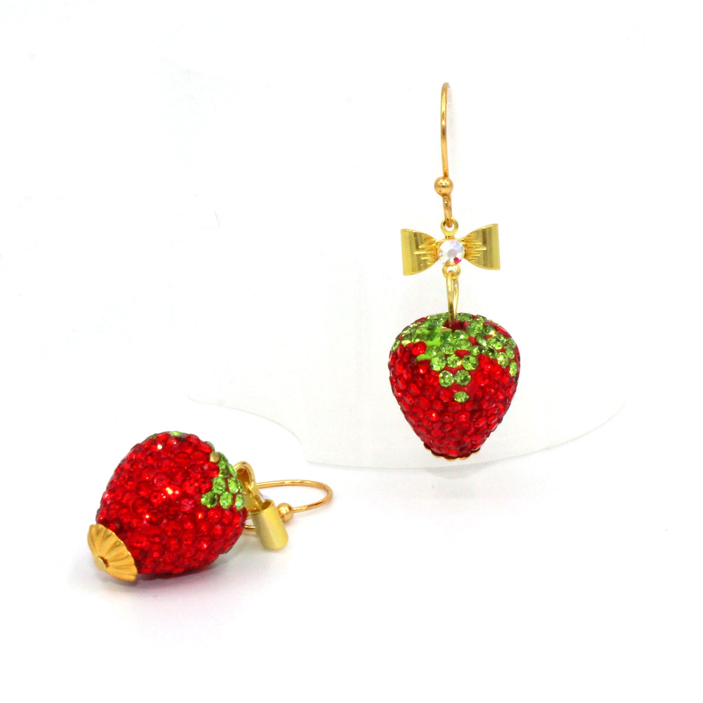 Rhinestone Sparkle Puff Strawberry Drop Earrings, Gold Finish with Bows, Handmade in the USA