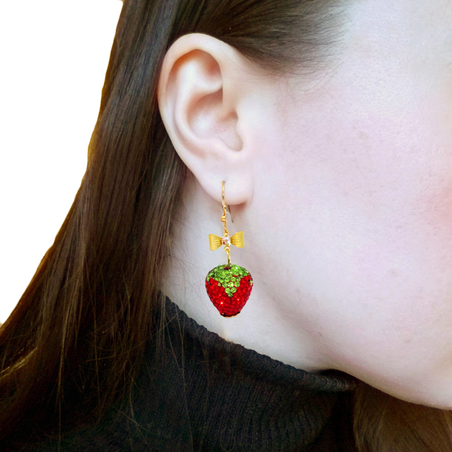 Rhinestone Sparkle Puff Strawberry Drop Earrings, Gold Finish with Bows, Handmade in the USA