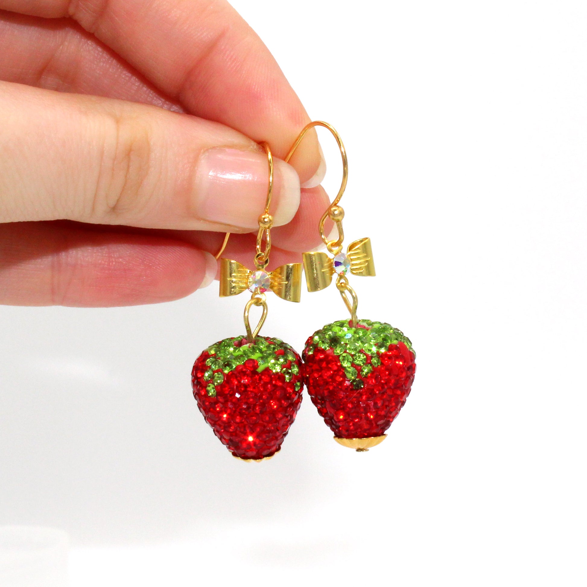 Rhinestone Sparkle Puff Strawberry Drop Earrings, Gold Finish with Bows, Handmade in the USA