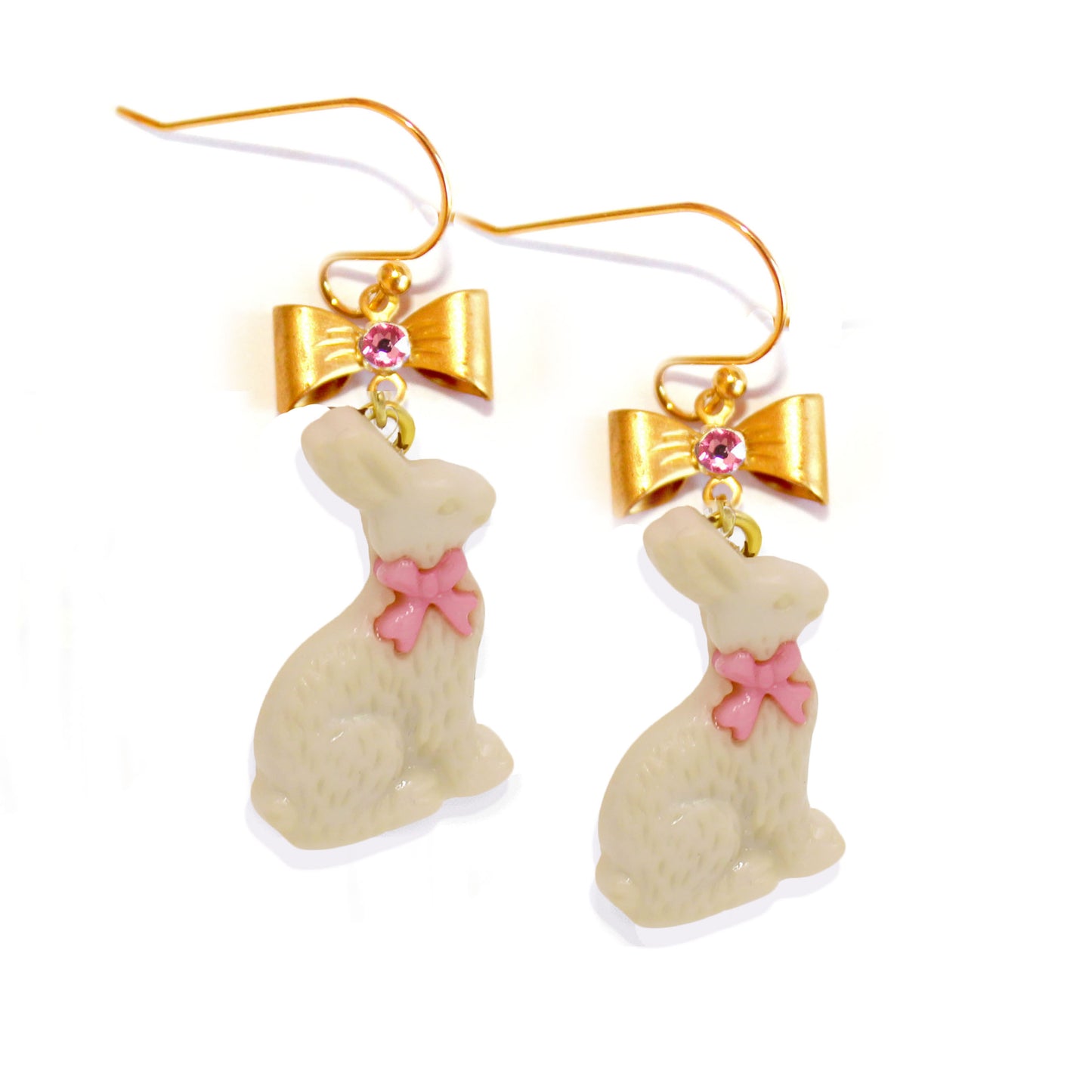 Chocolate Bunny Easter Dangle Earrings, Bow Charm, Handmade in Resin by Fatally Feminine