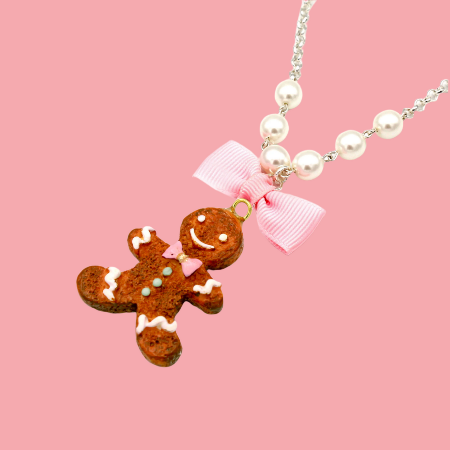 Gingerbread Man Cookie Pearl & Bow Necklace - Silver or Gold - Limited Edition Holiday Collection