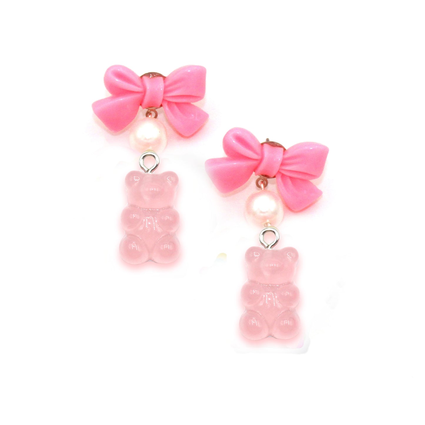 Gummy Bear Candy Earrings Pastel or Hot Pink with Bows and Pearls Resin Stainless Steel Kawaii handmade drop statement earrings for women