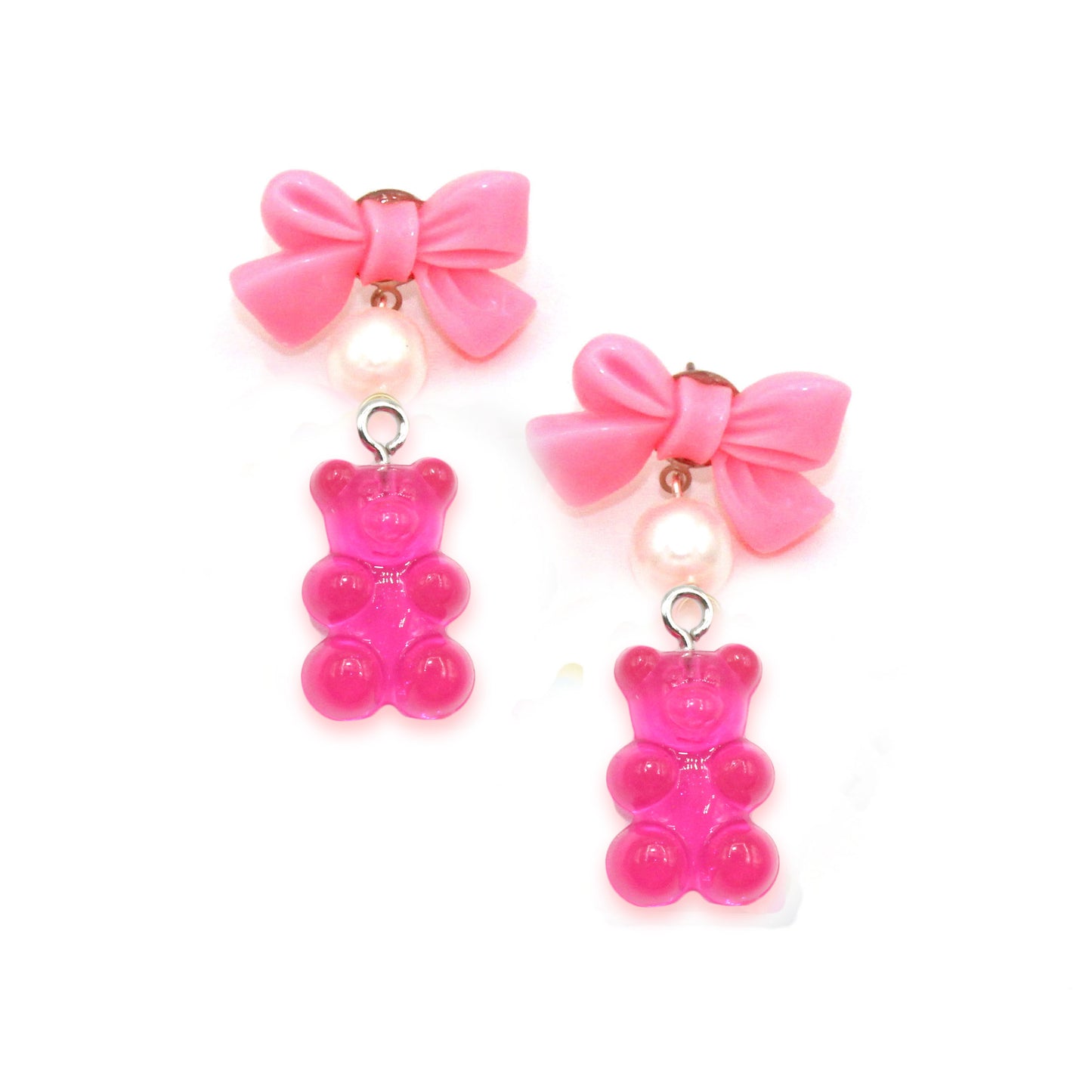 Gummy Bear Candy Earrings Pastel or Hot Pink with Bows and Pearls Resin Stainless Steel Kawaii handmade drop statement earrings for women