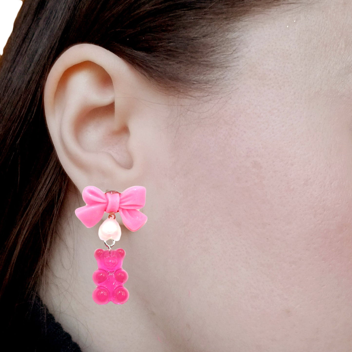 Bow & Pearl Pink Gummy Bear Earrings