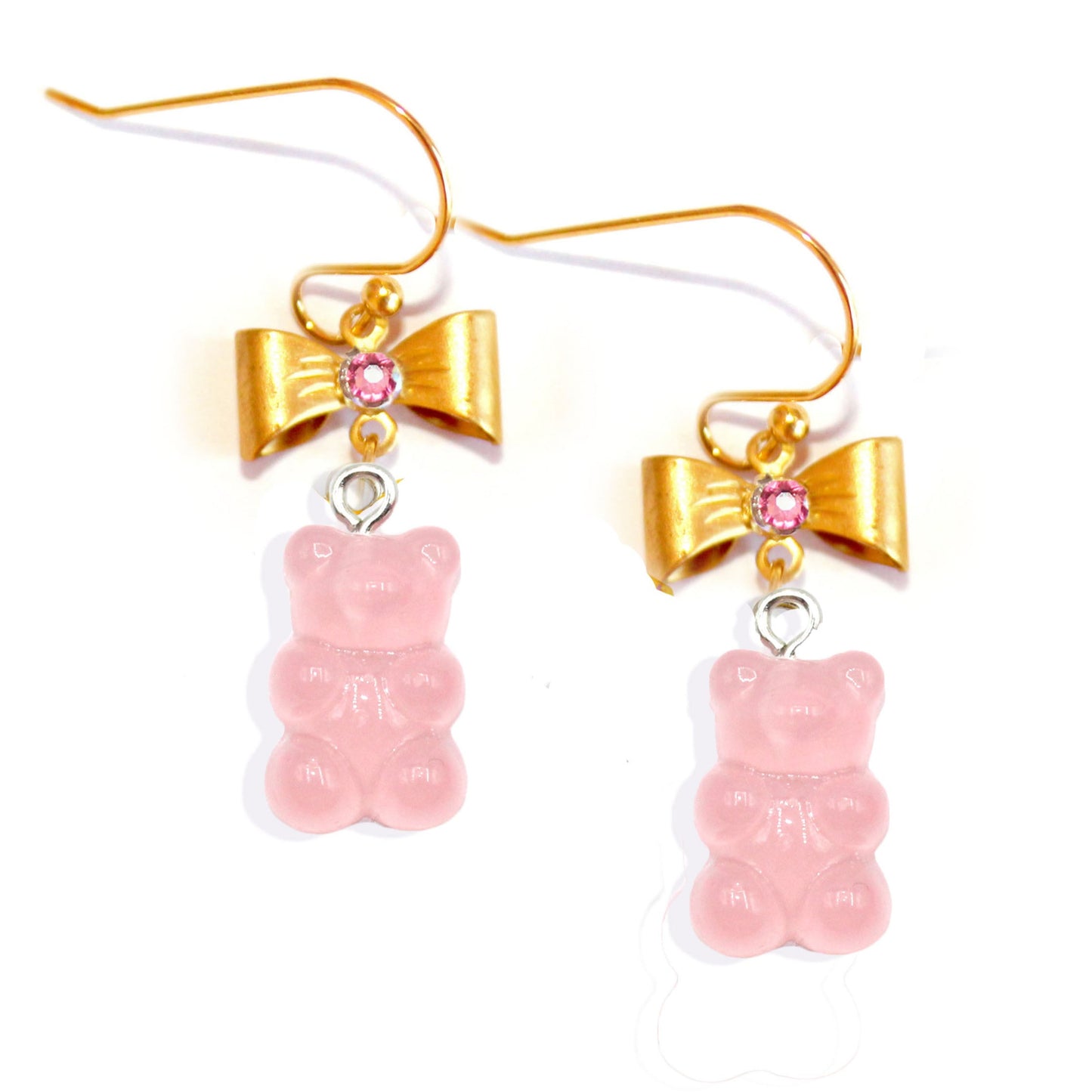 Gummy Bear Candy Earrings Pastel or Hot Pink with Bows and Pearls Resin Stainless Steel Kawaii handmade drop statement earrings for women