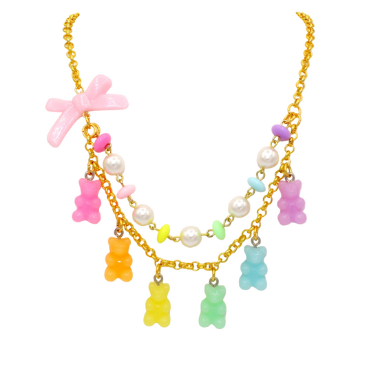 Kawaii Pastel Rainbow Gummy Bear Statement Charm Necklace - Handmade in the USA
