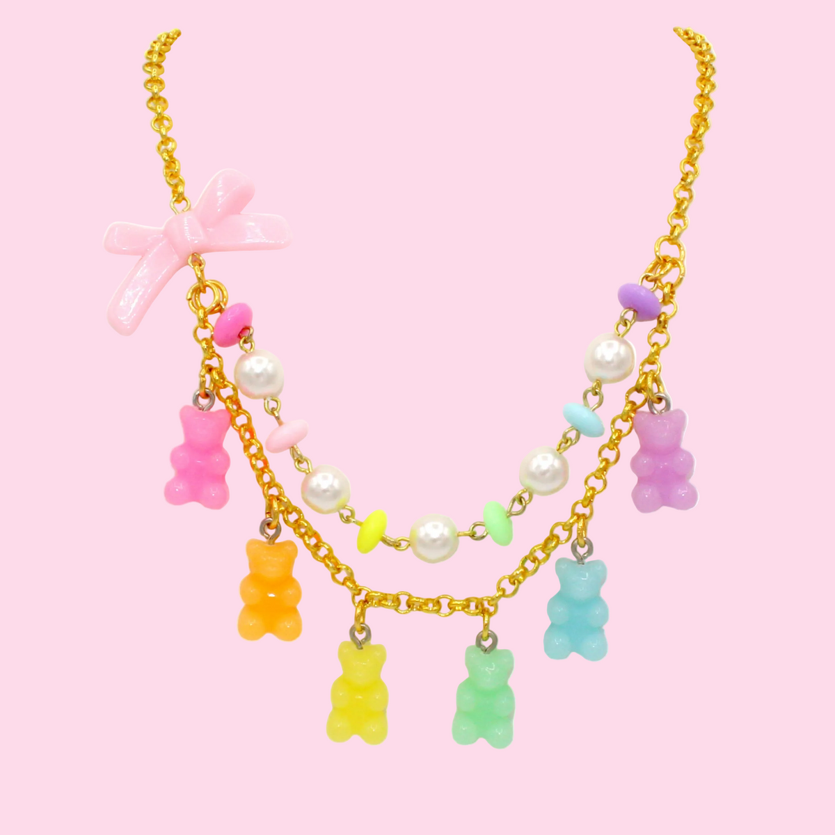 Deluxe Gummy Bear Cascade Statement Necklace, Pastel Rainbow Pearl Jewelry Style