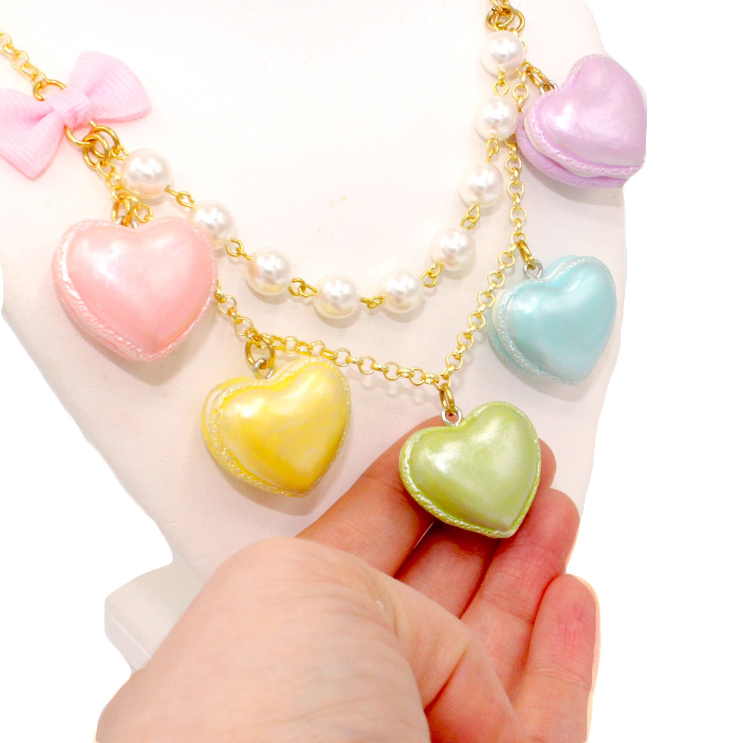 Pastel Heart Macaron Statement Necklace Kawaii LoveCore Valentines Day Charm Jewelry Gold or Silver