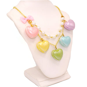 Pastel Heart Macaron Statement Necklace Kawaii LoveCore Valentines Day Charm Jewelry Gold or Silver