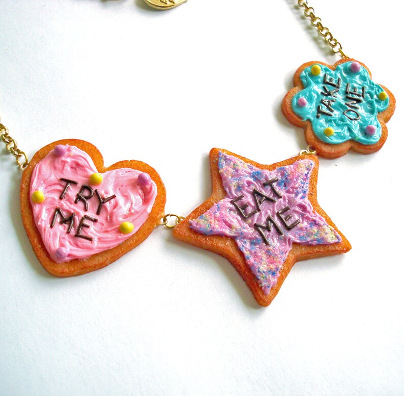Alice in Wonderland Eat Me Cookie Statement Necklace, Handmade in the USA, Gold or Silver Finish
