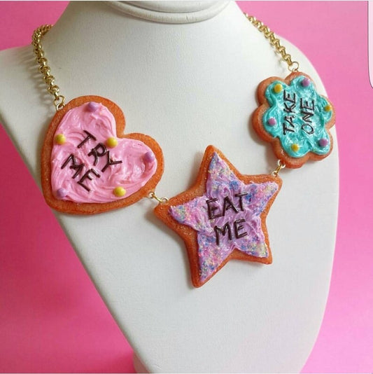 Alice in Wonderland Eat Me Cookie Statement Necklace, Handmade in the USA, Gold or Silver Finish