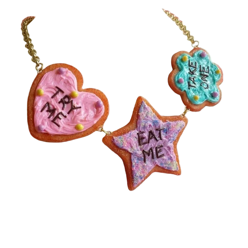 Alice in Wonderland Eat Me Cookie Statement Necklace, Handmade in the USA, Gold or Silver Finish