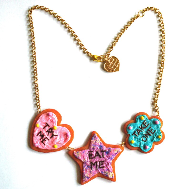 Alice in Wonderland Eat Me Cookie Statement Necklace, Handmade in the USA, Gold or Silver Finish