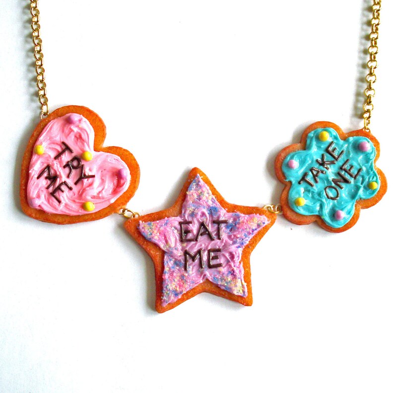Alice in Wonderland Eat Me Cookie Statement Necklace, Handmade in the USA, Gold or Silver Finish