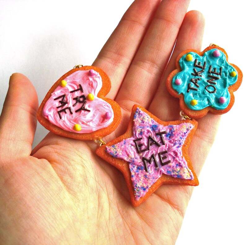 Alice in Wonderland Eat Me Cookie Statement Necklace, Handmade in the USA, Gold or Silver Finish