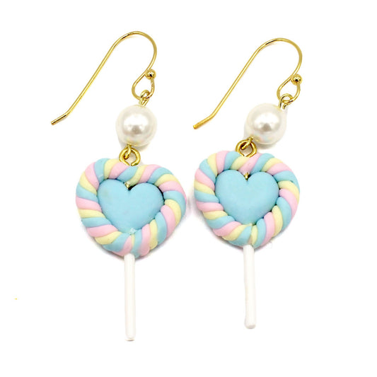 Pastel Heart Faux Marshmallow Lollipop Drop Earrings Handmade Clay Kawaii Jewelry Gift for Women