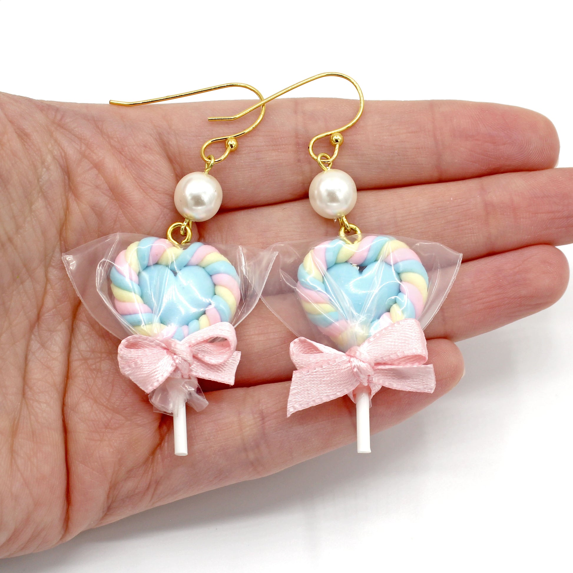 Pastel Heart Faux Marshmallow Lollipop Drop Earrings Handmade Clay Kawaii Jewelry Gift for Women