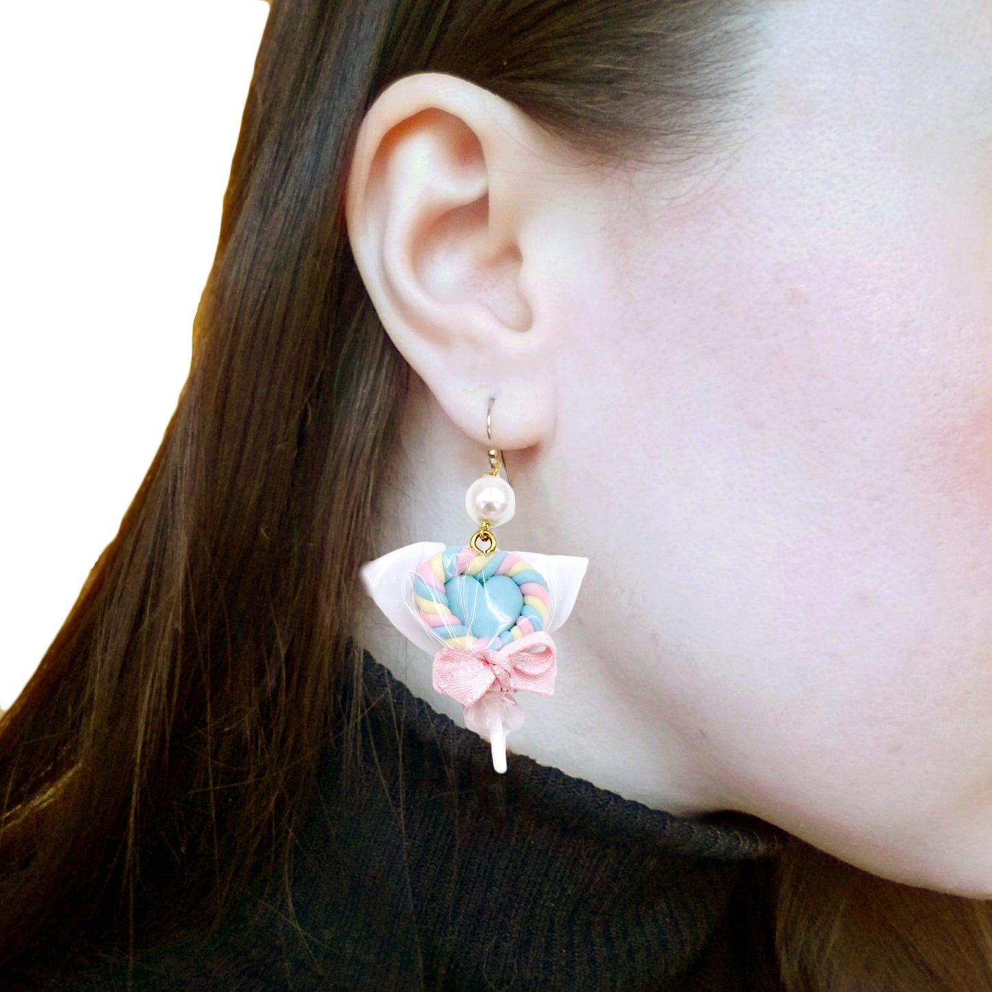 Pastel Heart Faux Marshmallow Lollipop Drop Earrings Handmade Clay Kawaii Jewelry Gift for Women