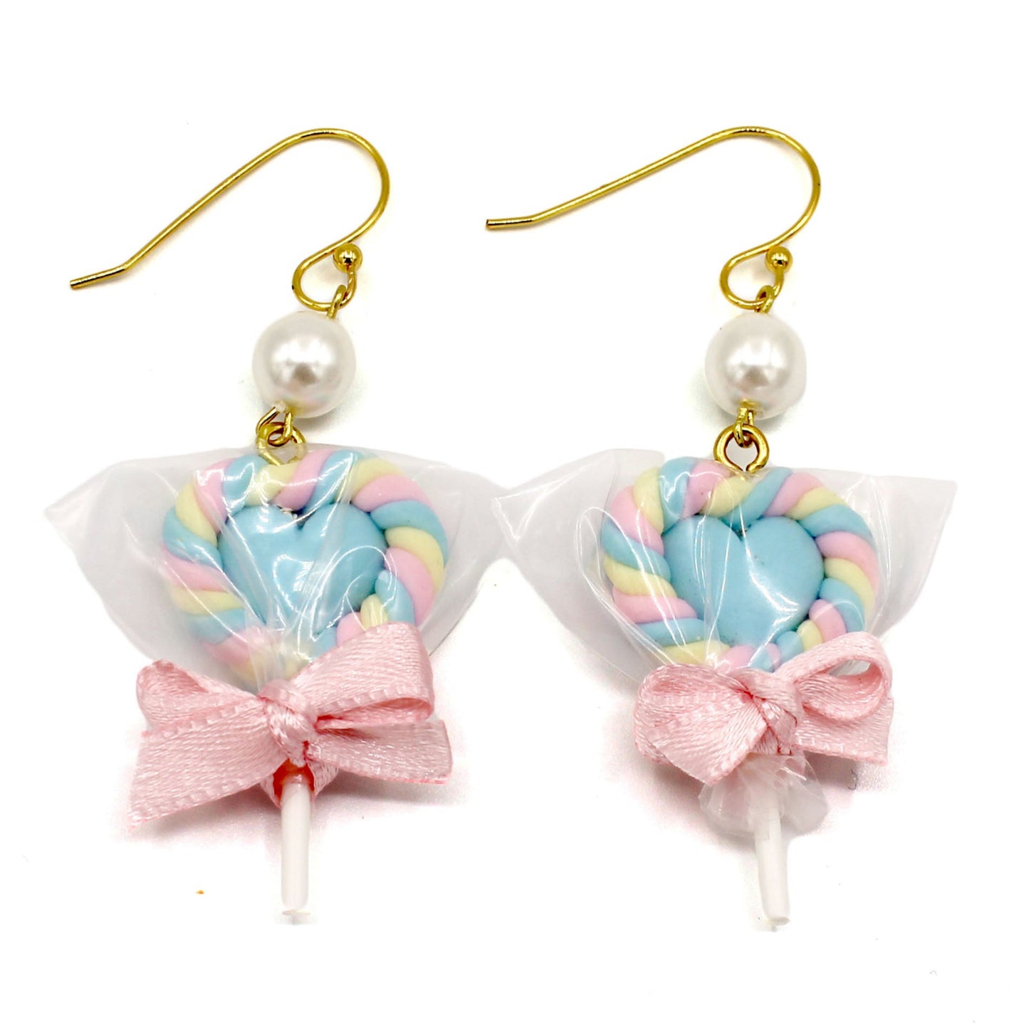 Pastel Heart Faux Marshmallow Lollipop Drop Earrings Handmade Clay Kawaii Jewelry Gift for Women