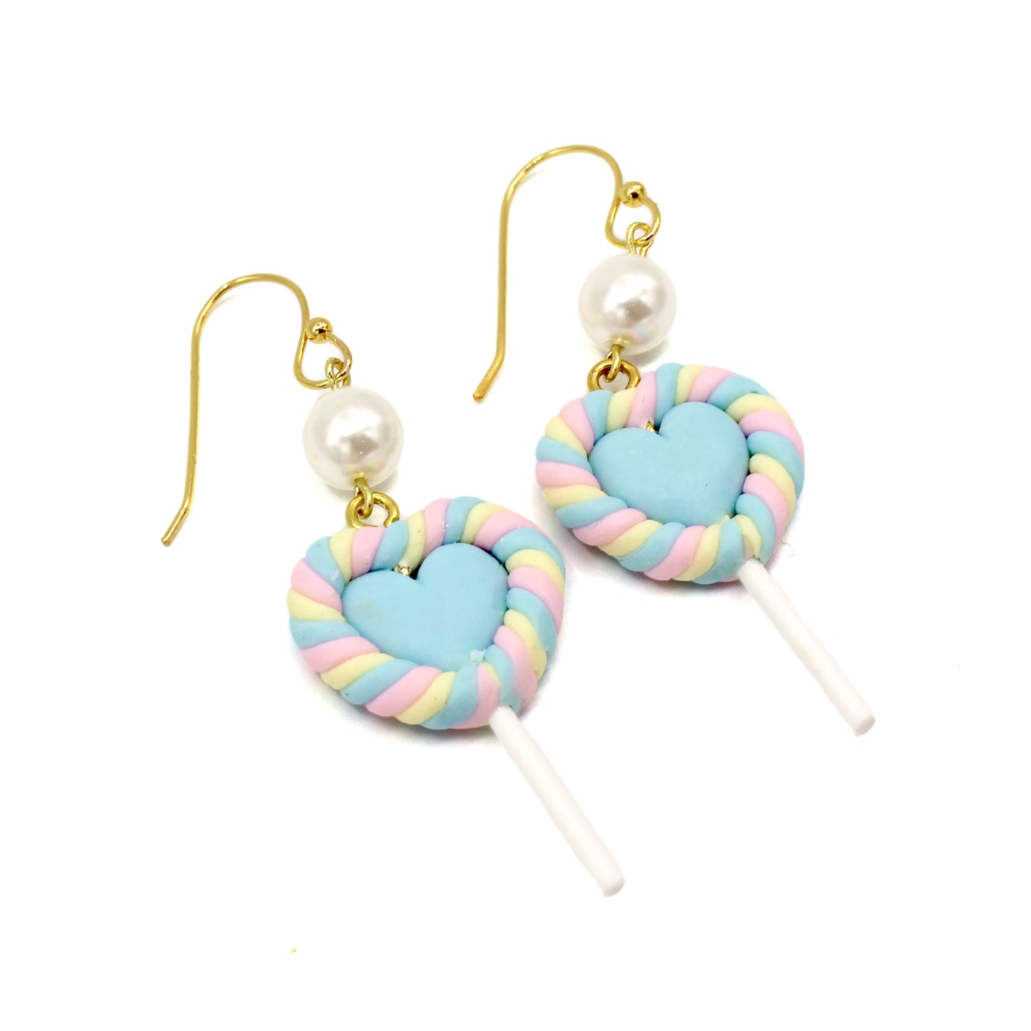 Pastel Heart Faux Marshmallow Lollipop Drop Earrings Handmade Clay Kawaii Jewelry Gift for Women