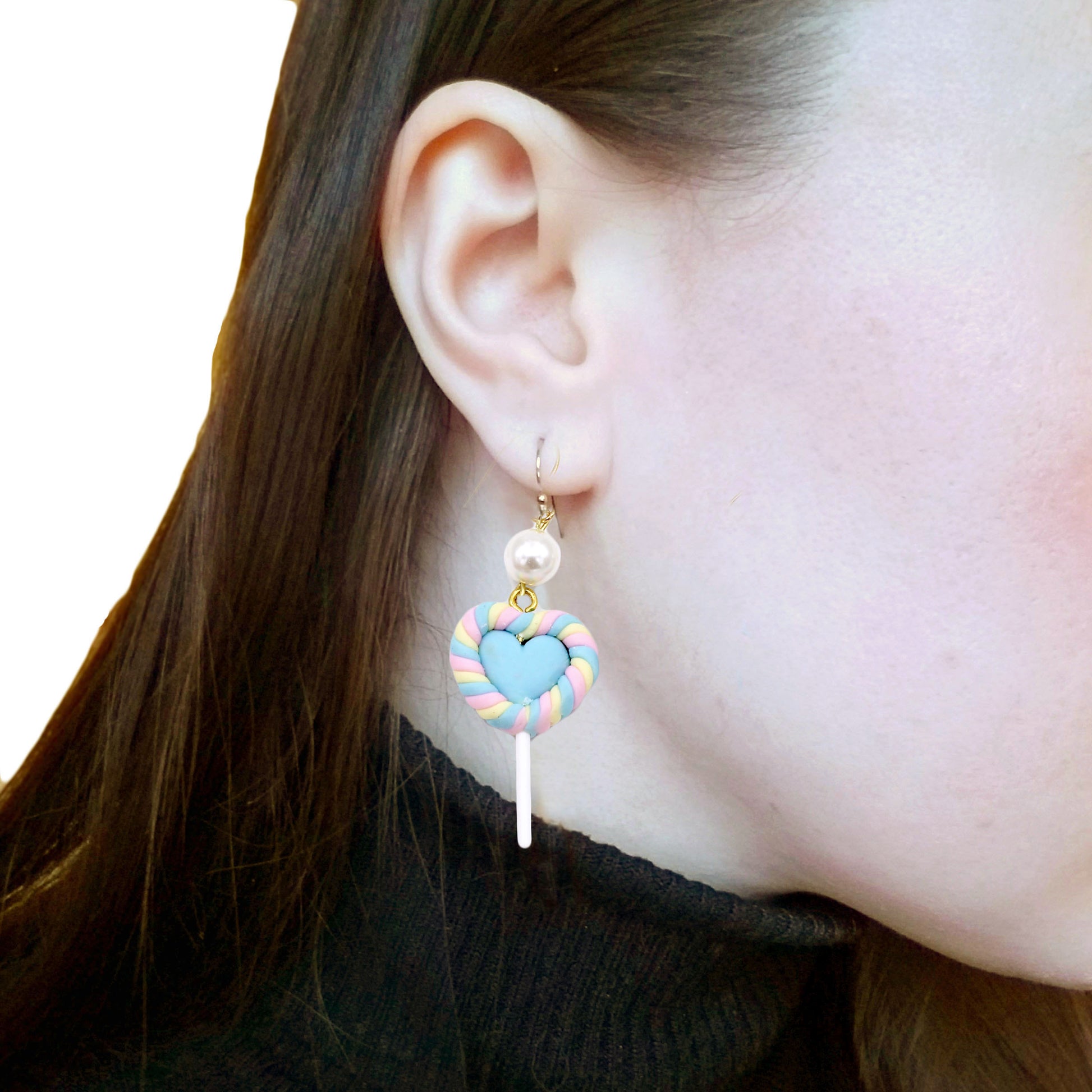 Pastel Heart Faux Marshmallow Lollipop Drop Earrings Handmade Clay Kawaii Jewelry Gift for Women