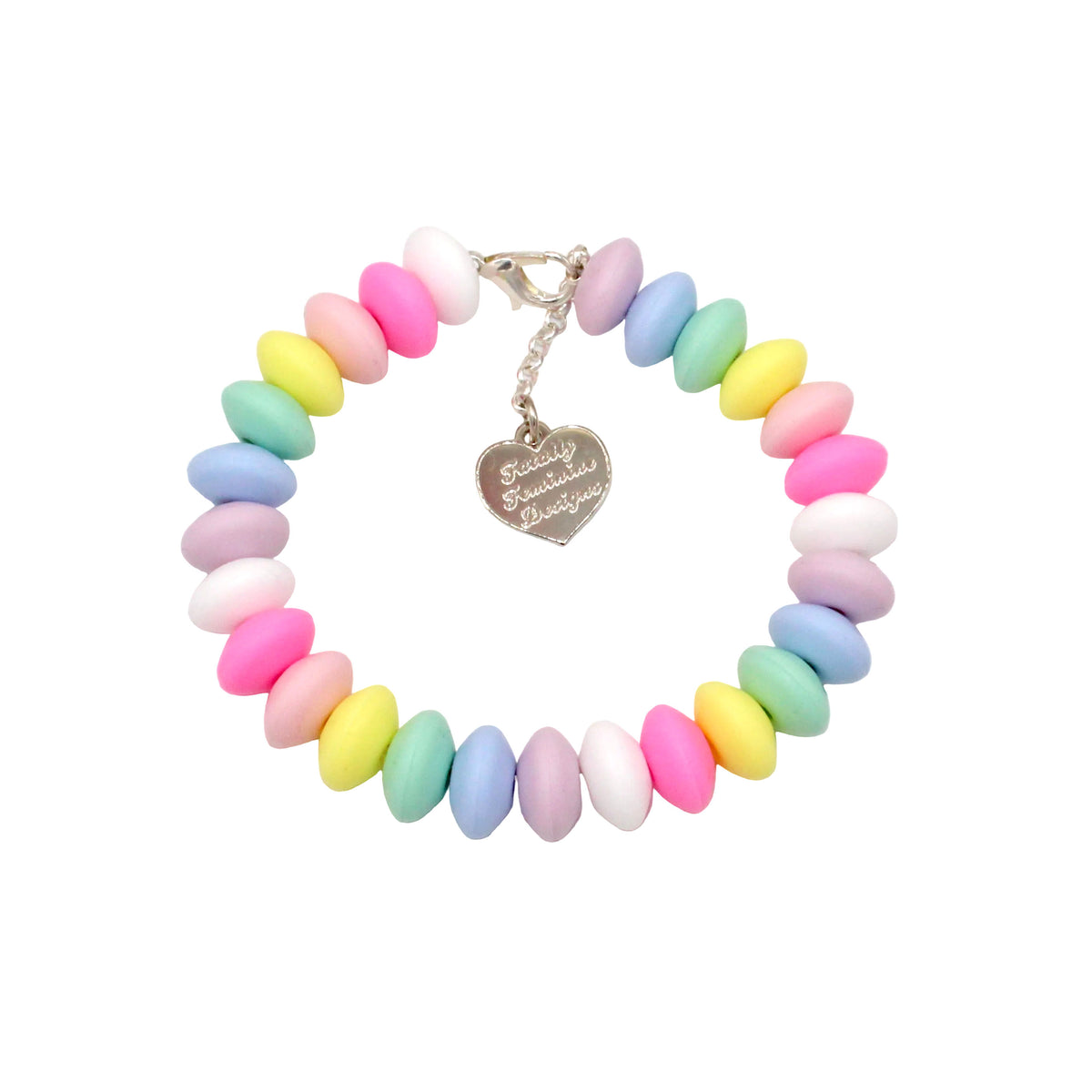 Deluxe chunky pastel candy clasp bracelet with adjustable silver-finish extender chain and signature stamped metal heart logo tag.
