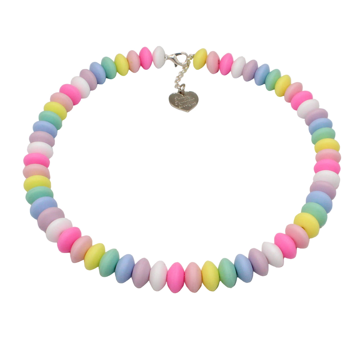 Handcrafted maximalist pastel rainbow faux candy choker necklace with oversized 12mm matte clay beads and silver heart charm on white background.