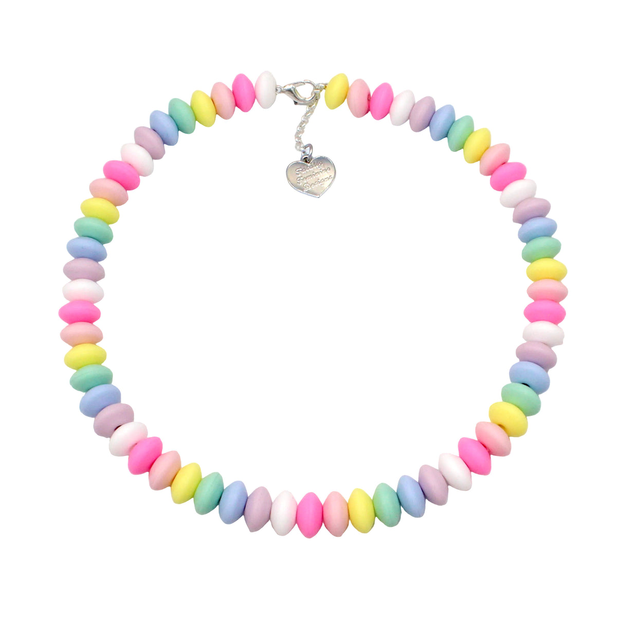 Handcrafted maximalist pastel rainbow faux candy choker necklace with oversized 12mm matte clay beads and silver heart charm on white background.