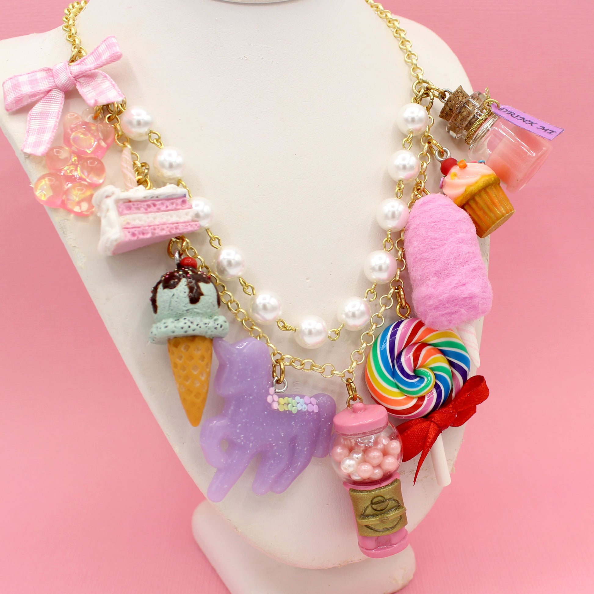 kawaii resin charm necklace for women pink rainbow cute jewelry gift handmade dessert and candy charms